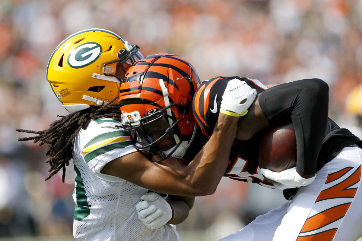 Tee Higgins tries to run through Kevin King when the teams met in 2021 in Cincinnati. (Photo by USA Today Sports)
